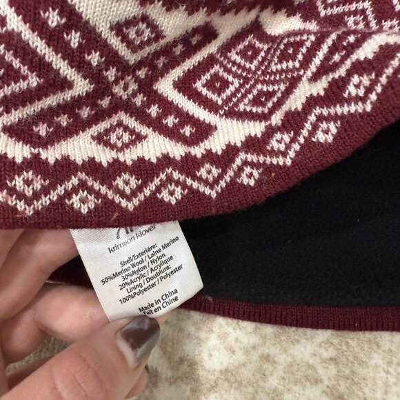 Krimson Klover Hat Beanie Pom Pom Womens One Size Burgundy White Fair Isle Wool - Picture 4 of 8